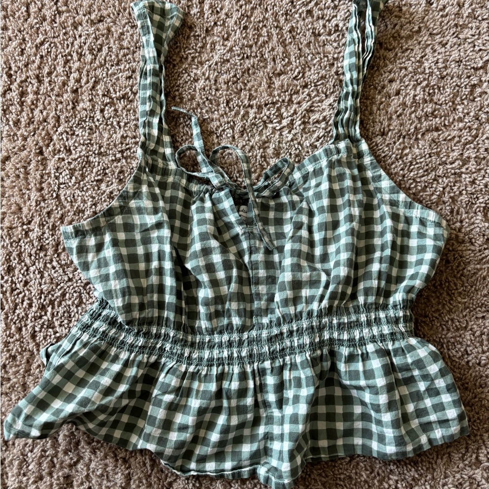 Madewell Green and White Smocked Tank Top